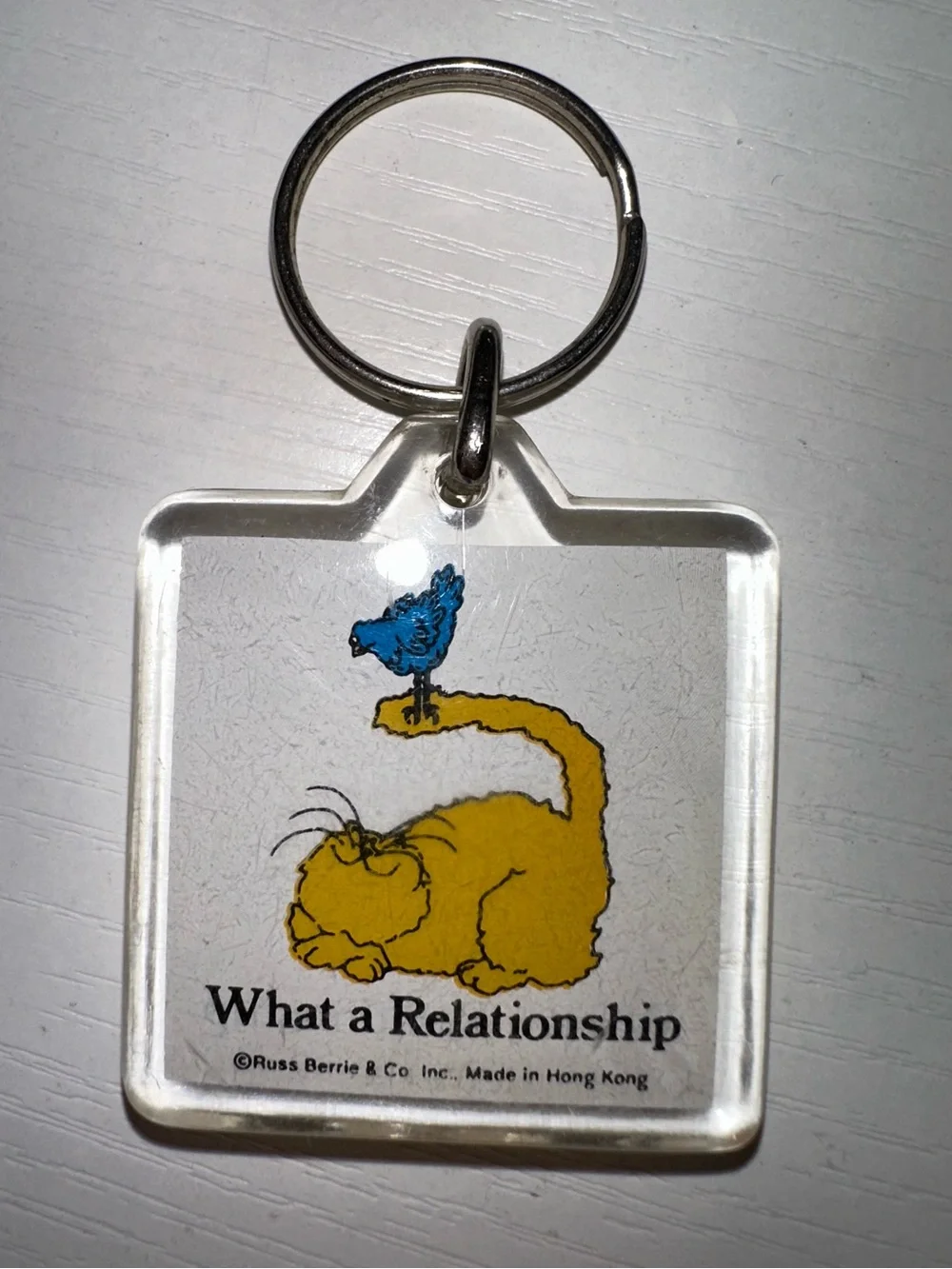 Vtg “What a Relationship” Cat & Bird Keychain